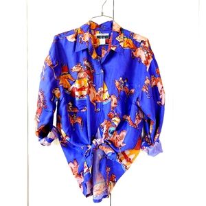 Vintage 80s Purple Silk Blouse Equestrian Large Southwestern/Western Studio G.A.